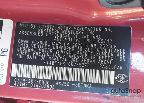 2012 Toyota Camry Le из США, поврежденный, VIN 4T4BF1FK1CR255275